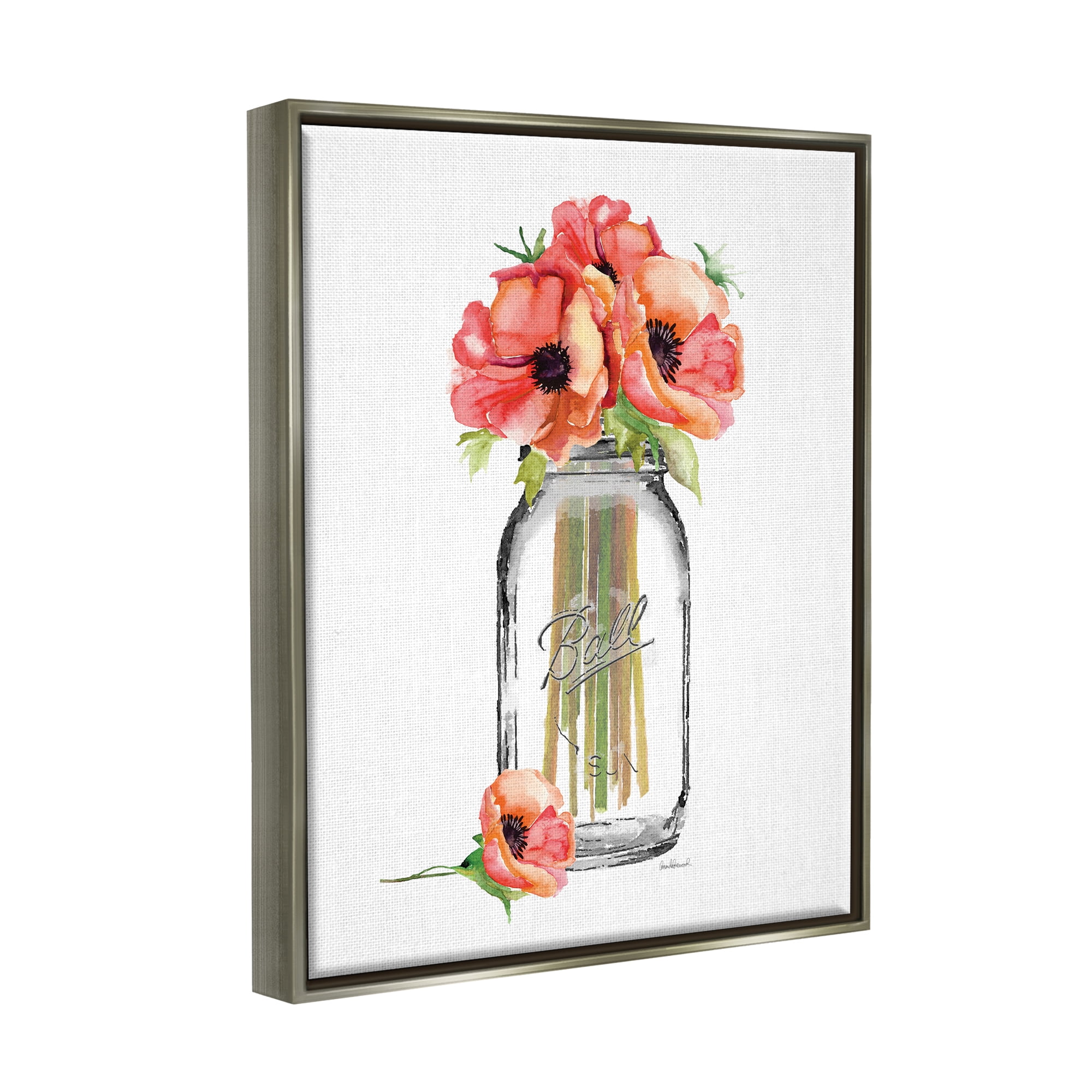 Stupell Industries Mason Jar Poppys Luster Gray Framed Floating Canvas Wall Art, 16x20, by Amanda Greenwood