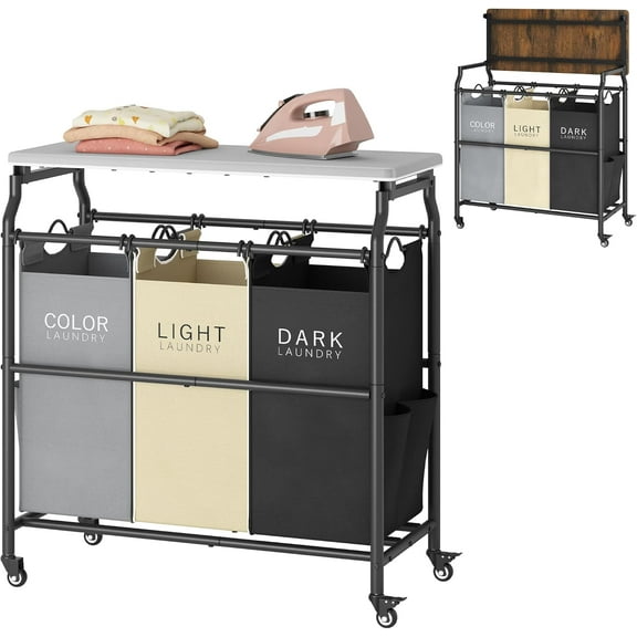 3 Section Laundry Sorter Cart with Ironing Board, Laundry Hamper Basket with Shelf and Wheels, Heavy Duty Clothes Organizer, Large Clothes Separator with Removable Bags, Black Gray Beige