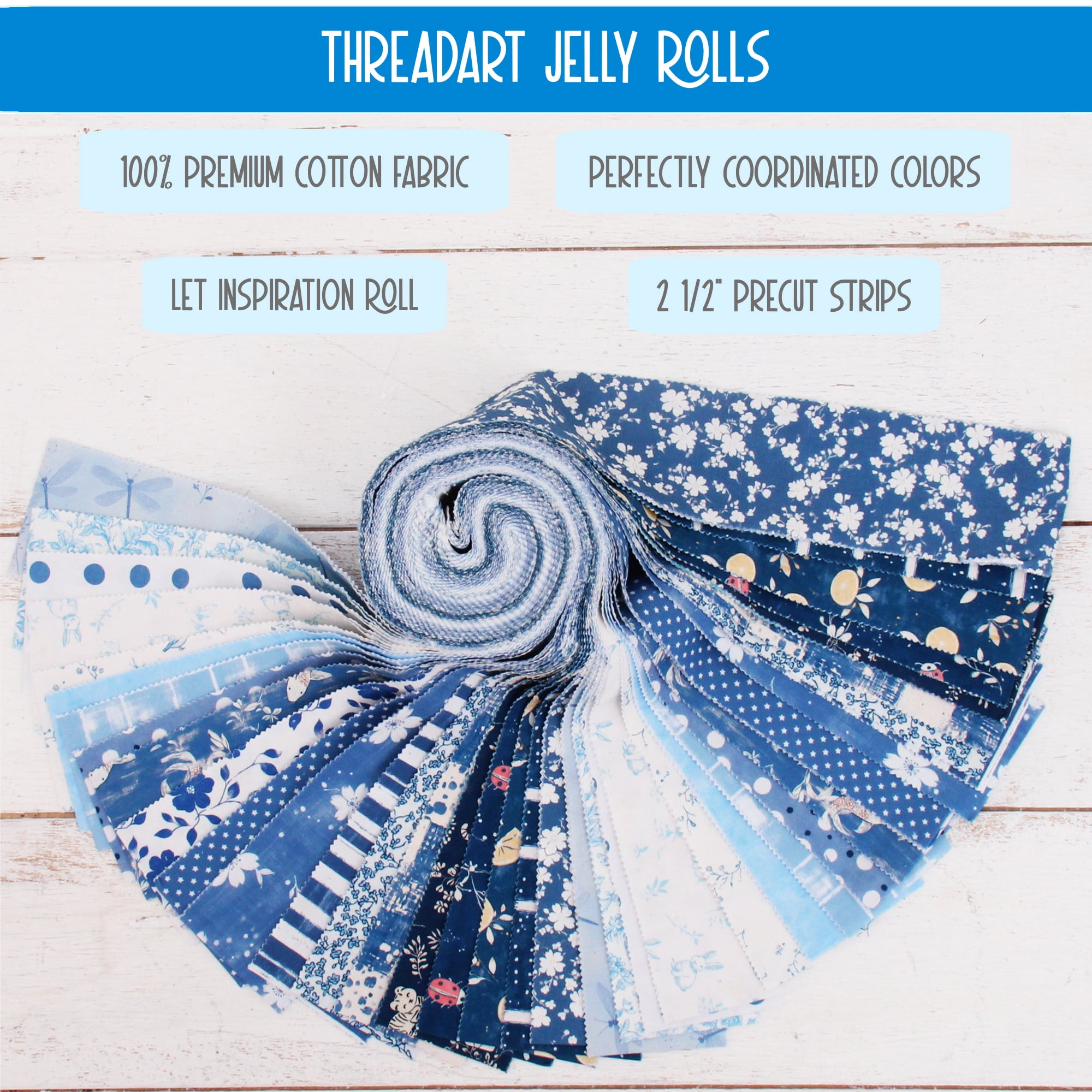 ThreadArt Exclusive Prints Jelly Roll Fabric Strips for Quilting, Crafting, and Sewing, 40 Precut Fabric Strips in Blue Prints, Premium Cotton for Quilts, Crafts, Rugs, Blankets, Clothing and More