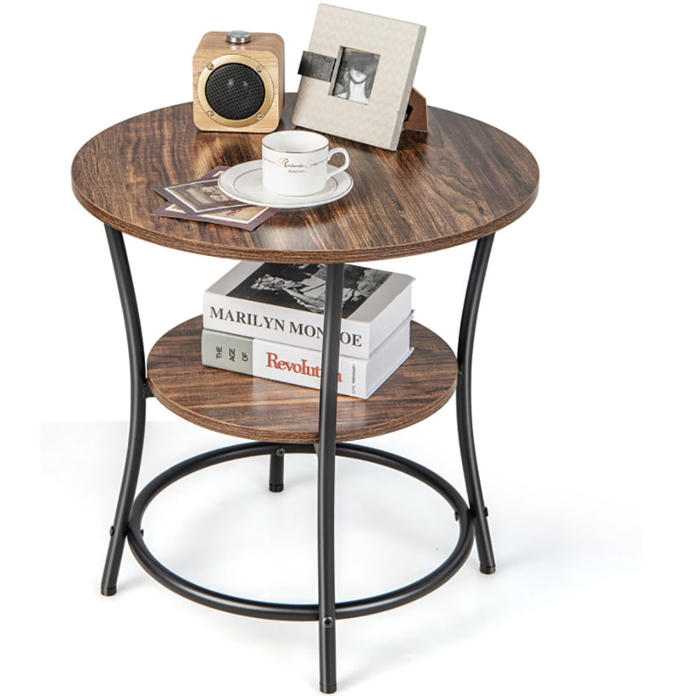 Finihen End Table, 2-Tier Round End Table with Open Storage Shelf and Sturdy Metal Frame, Sofa Side Table, Bed Side Table, for Living Room, Bedroom, Brown Finihen End Table, 2-Tier Round End Table with Open Storage Shelf and Sturdy Metal Frame, Sofa Side Table, Bed Side Table, for Living Room, Bedroom, Brown