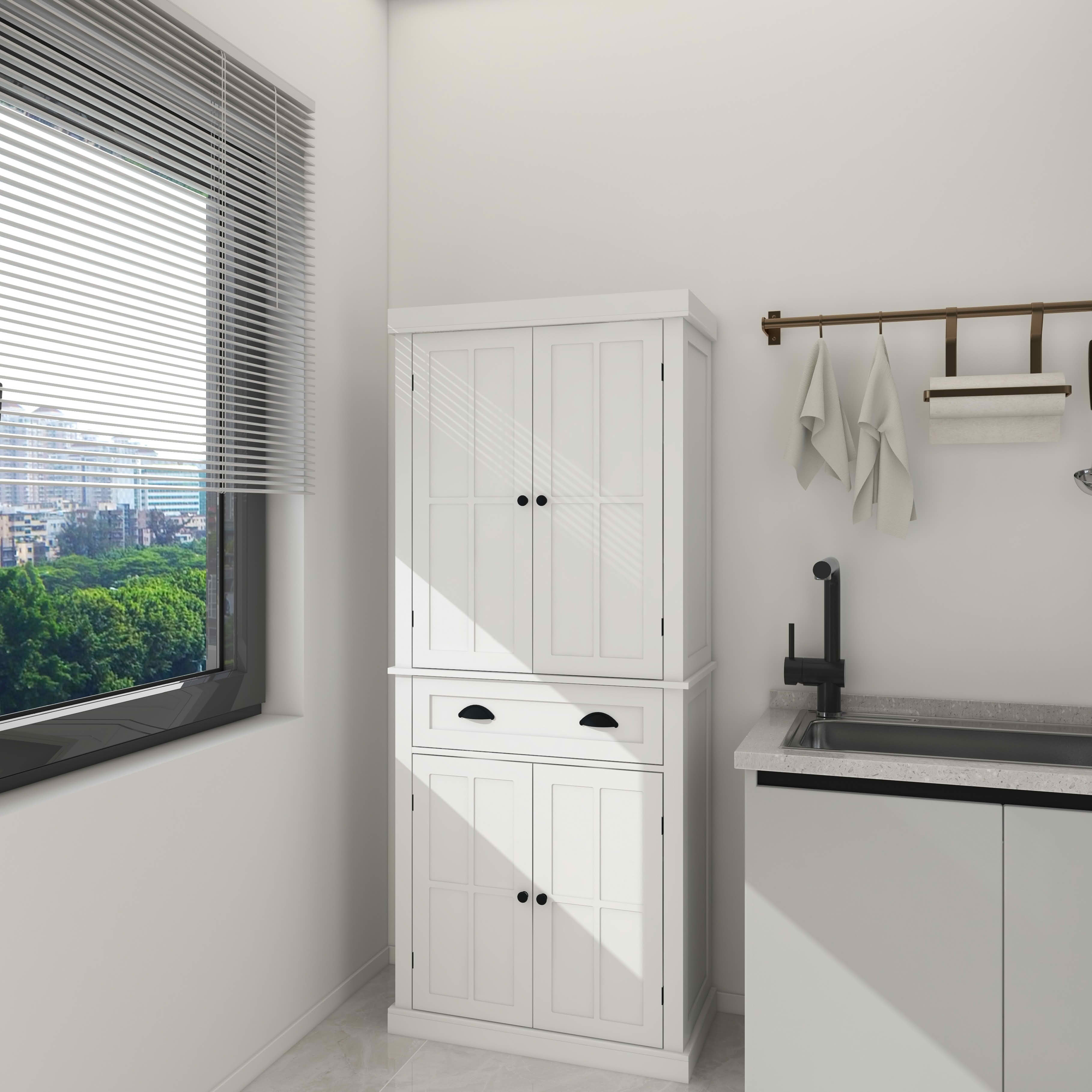 MAYEERTY 71-Inch Kitchen Pantry Storage Cabinet, Freestanding Cupboard with 4 Doors 1 Drawer 2 Adjustable Shelves White