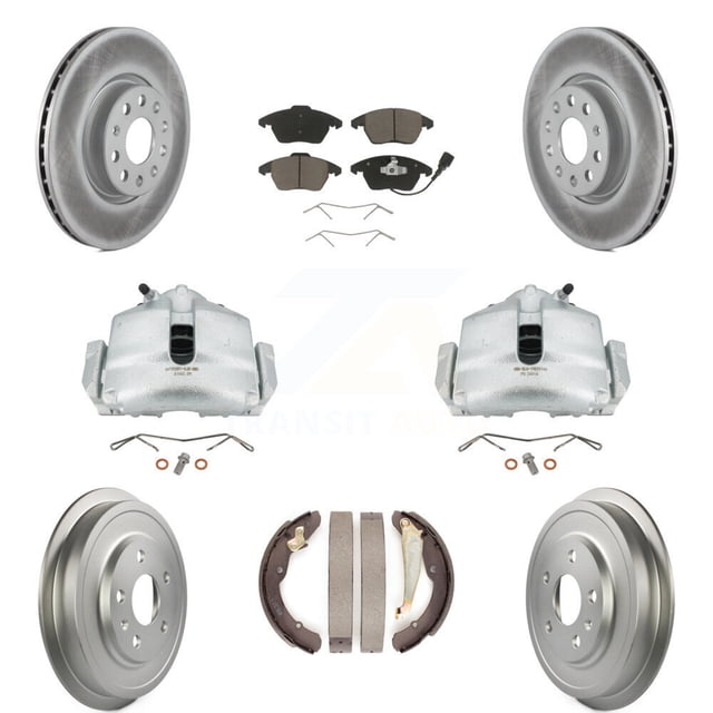 Transit Auto Front Rear Disc Brake Caliper Coated Rotors Drums Ceramic Pads Kit (8Pc) for Car Volkswagen Jetta Beetle with 312mm Diameter Rotor KCG-100408C