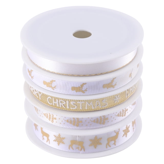 EeaseMX 5 rollos de 25 m de largo de cinta navideña estampada, ideal para envolver regalos navideños y manualidades (blanco y dorado).