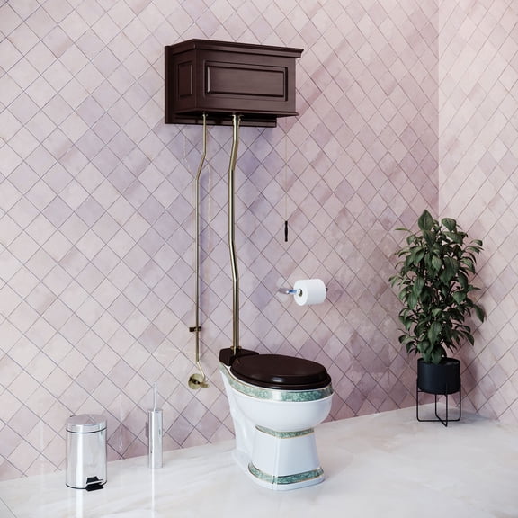 Renovators Supply High Tank Pull Chain Toilet w/Dark Oak Wooden Raised Front Panel High Tank 59" to 74" Adjustable Height Brass Z Pipe and Elongated Toilet Bowl