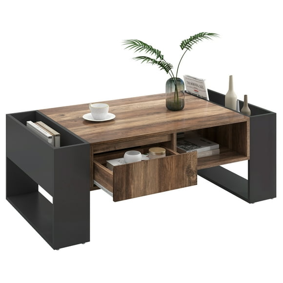 Sumdeal Modern Wood Grain Coffee Table with Storage, Handleless Design Sofa Table for Living Room, Anthracite Grey