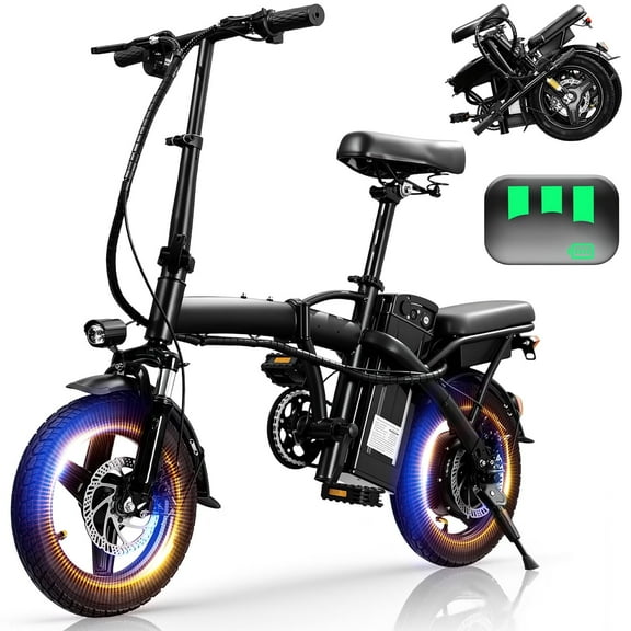 14 Inch Foldable Adult Electric Bicycle, 48V 10Ah 400W Motor, 3-Speed Gearing, Dual Spring Shock Absorbers, Front and Rear Led Safety Lights, Portable Design