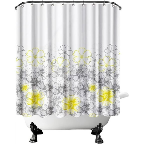 Yellow Flower Shower Curtain Grey and Yellow Floral Bathroom Decor with Hooks 72"×72"
