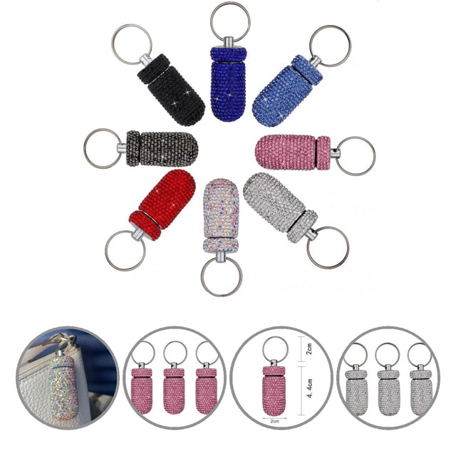 3Pcs/Set Pocket Pill Case Rhinestone Studded with Keychain Aluminum Alloy Stunning Appearance Pills Storage Box for Outdoor Sports