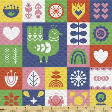 Norwegian Fabric by the Yard, Birds and Flowers Repetitive Prints Separated into Squares Colorful Design, Decorative Upholstery Fabric for Chairs & Home Accents, 10 Yards, Multicolor by Ambesonne