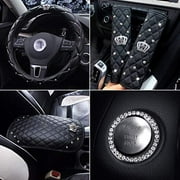 Queen's Auto Series with Noble Crown Bling Diamond Car Steering Wheel Cover   2 Pcs Seat Belt Covers   Armrest Cover   One-Click Start Crystal Decoration Ring (Queen ONLY) (Black Set 2)