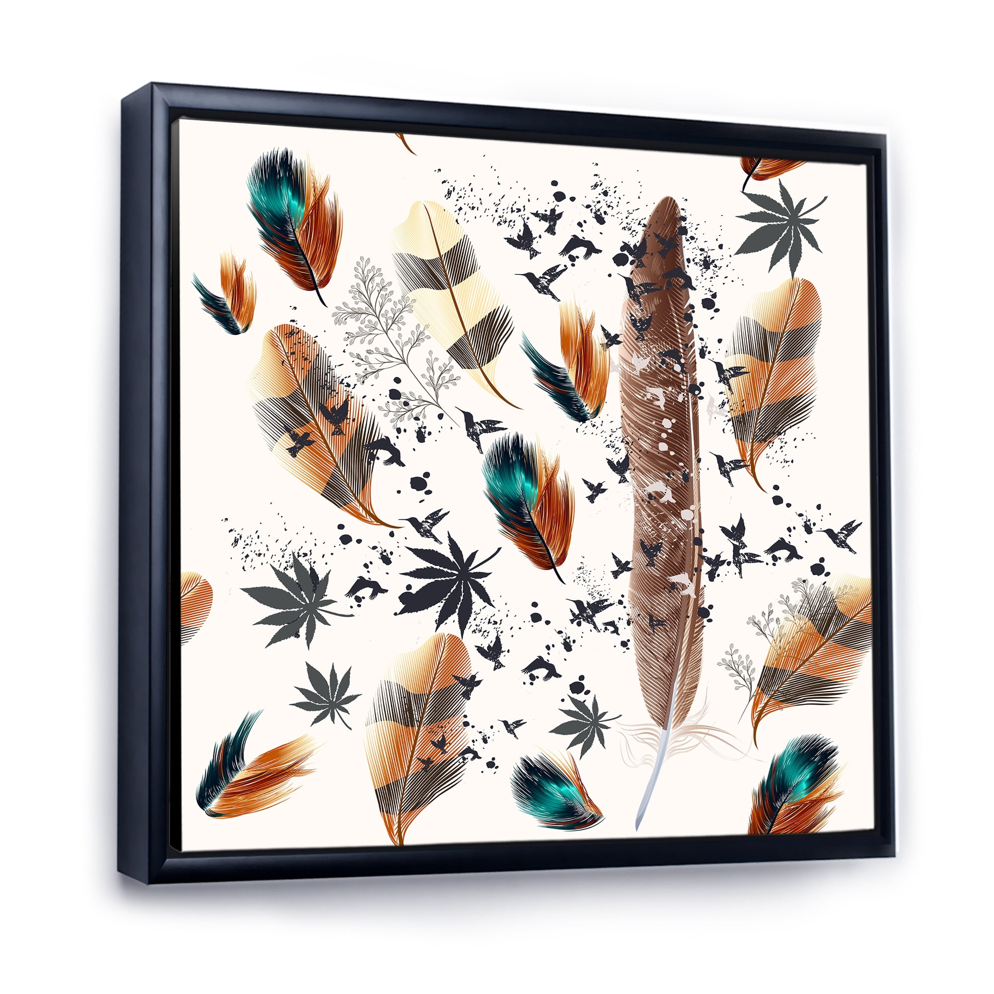 Designart 'Multicolored Feather Pattern With Floral' Bohemian & Eclectic Framed Canvas Wall Art Print