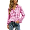 thumbnail image 3 of Casual Checkered Shirt Women Gingham Plaid Long Sleeve Shirts Ruffle V Neck Button Down Loose Blouse Tops with Ruffled Cuffs, 3 of 8
