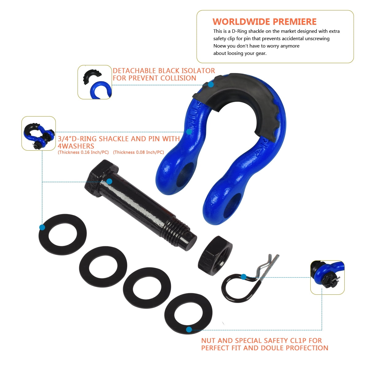 AMBULL Shackles 3/4 Inch D Ring Shackle (2 Pack) 45,000lb Break Strength with 7/8 Inch Pin, Isolator and Washer Kits for Use with Tow Strap, Winch, Off-Road Jeep Truck Vehicle Recovery, Blue