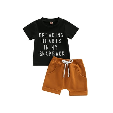 

Baby Boys Summer 2pcs Outfits Letter Print Short Sleeve T-shirt and Stretch Casual Drawstring Shorts Set