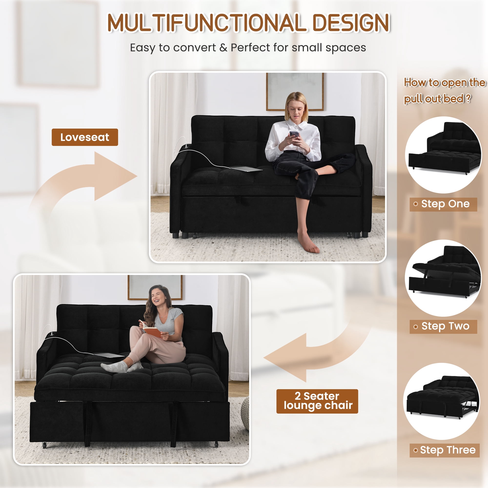 Lunale Pull Out Sofa Bed, Loveseat Sleeper with USB/Type-C, Adjust Back, Convertible Sleeper Sofa for Living Room/Apartment, Black Velvet