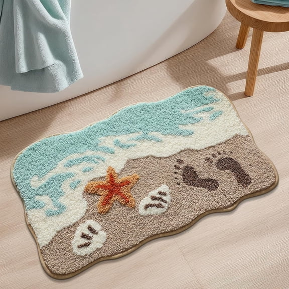 Wave Beach Plush Bath Mat, 20 x 31 Inches Starfish & Footprint Non-Slip Rug with Non-Slip Backing, Soft Absorbent Polyester Floor Mat for Bathroom, Machine Washable Bath Mats