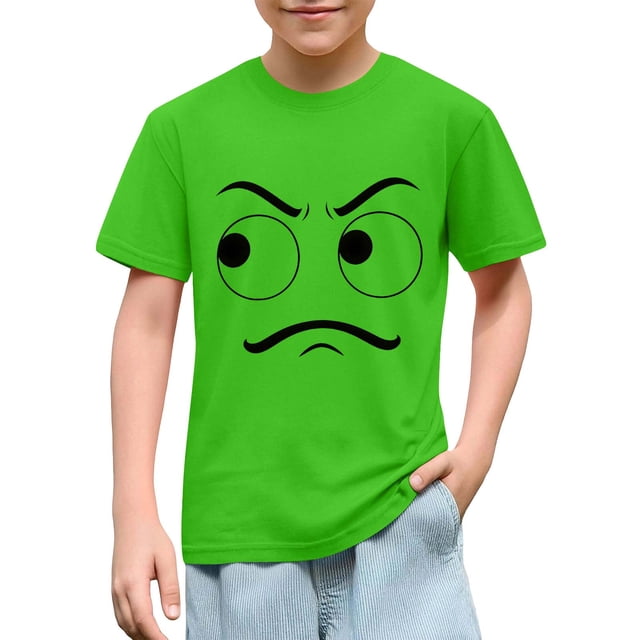 Blusas y camisas de manga corta con cuello redondo para niños y niñas, color liso, con estampado de expresión linda, manga corta, holgadas y cómodas, blusa para niña
