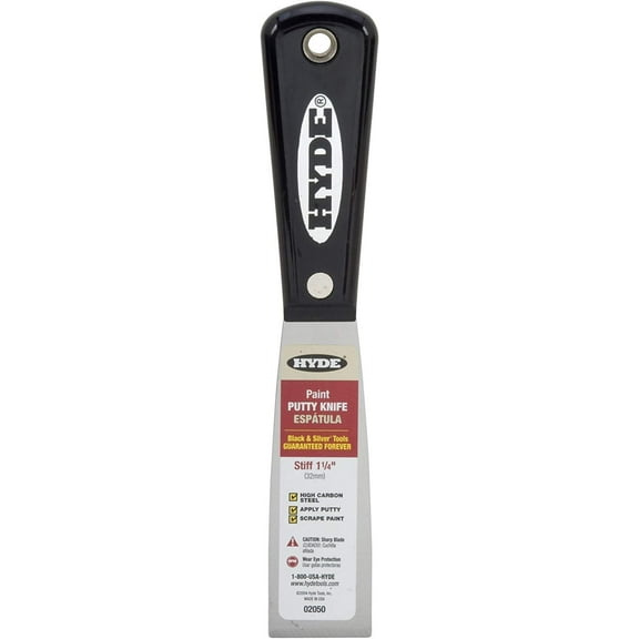 HYDE 02050 and Silver Putty Knives, Professional, 1-1/4 in. Blade Wdth, 1 Pack, Black