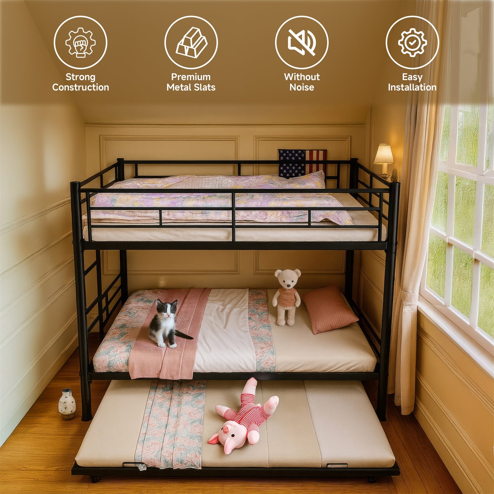 Alvantor Triple Bunk Beds Twin over Twin Bunk Bed with Trundle, Heavy Duty Metal Bed Frame with Guardrail, Divided Into 3 Twin Beds for Boys Girls Kids, Black
