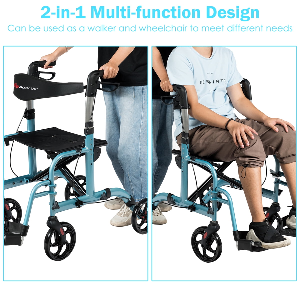 Goplus Folding Medical Rollator Walker Aluminum Transport Chair Adjustable Handle Blue Walmart
