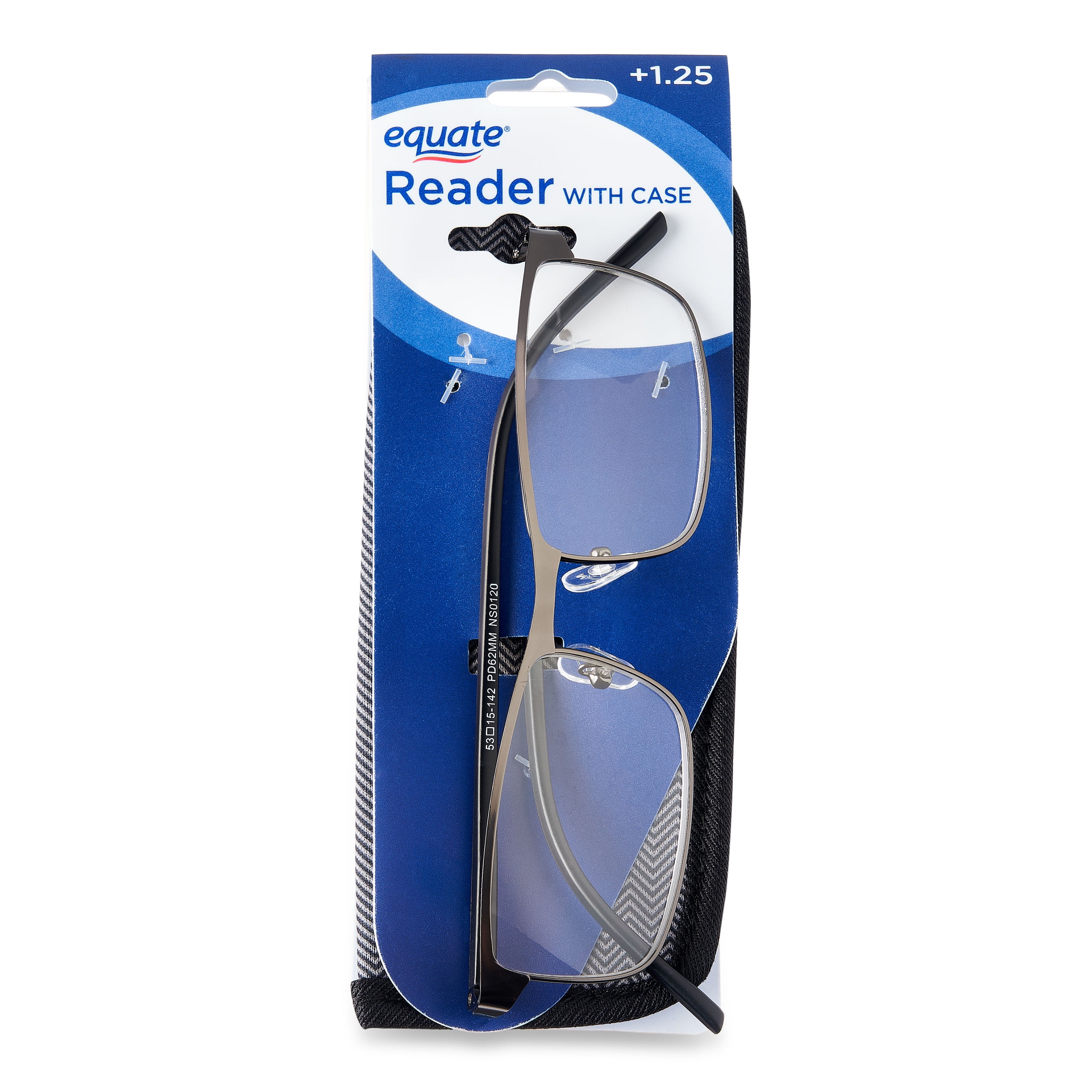 (2 pack) Equate Men's Rectangular Reading Glasses with Case, Gunmetal, +1.25