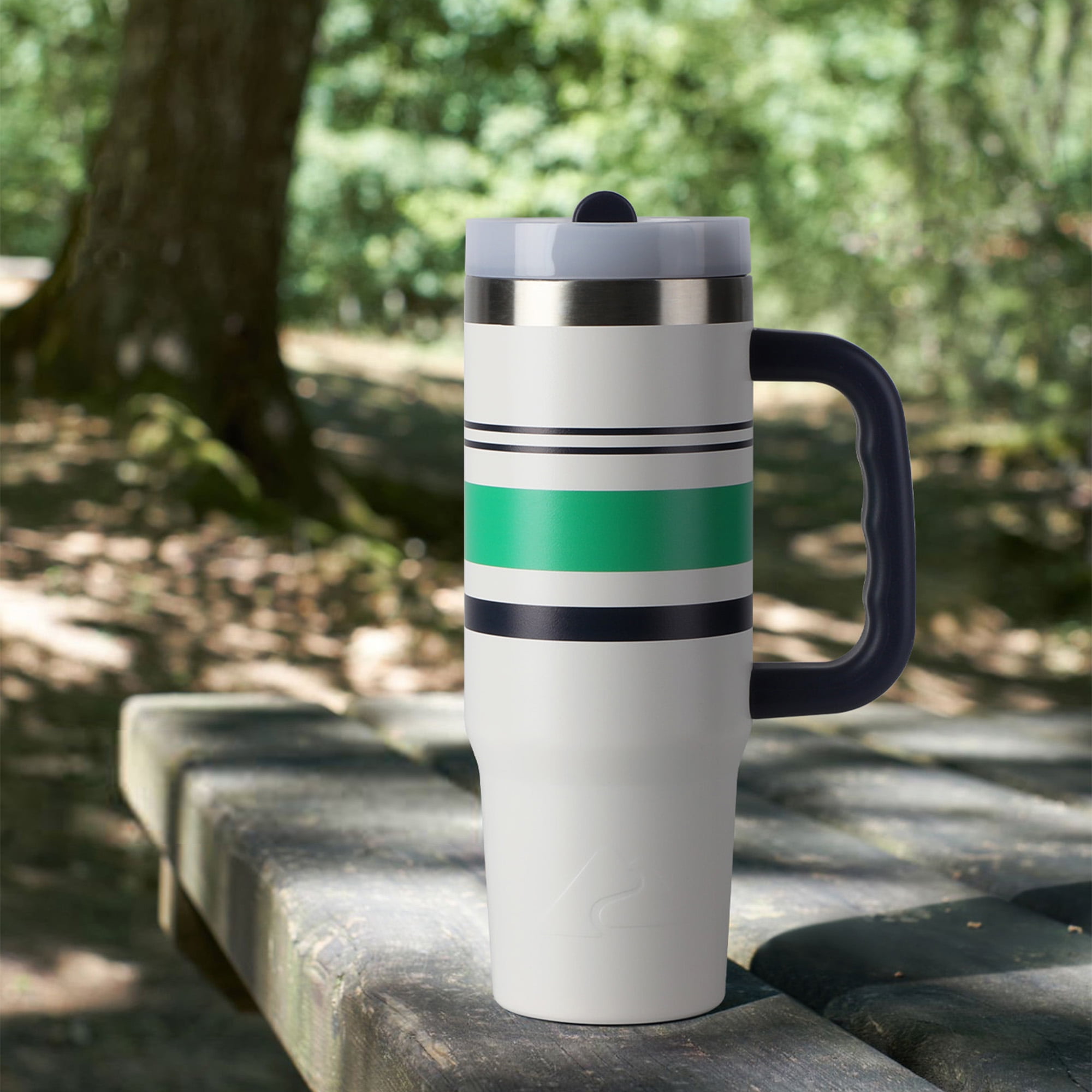 Ozark Trail 30 oz Stainless Steel Insulated Varsity Tumbler with Handle, White with Green Stripe