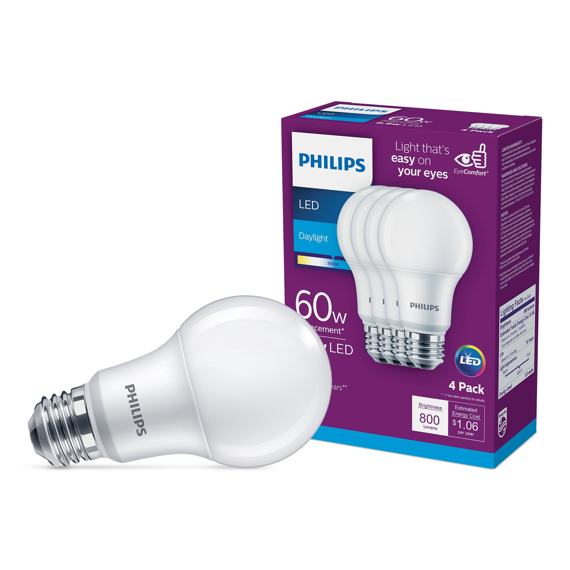 Philips LED 60-Watt A19 General Purpose Light Bulb, Frosted Daylight, Non-Dimmable, E26 Medium Base (4-Pack)