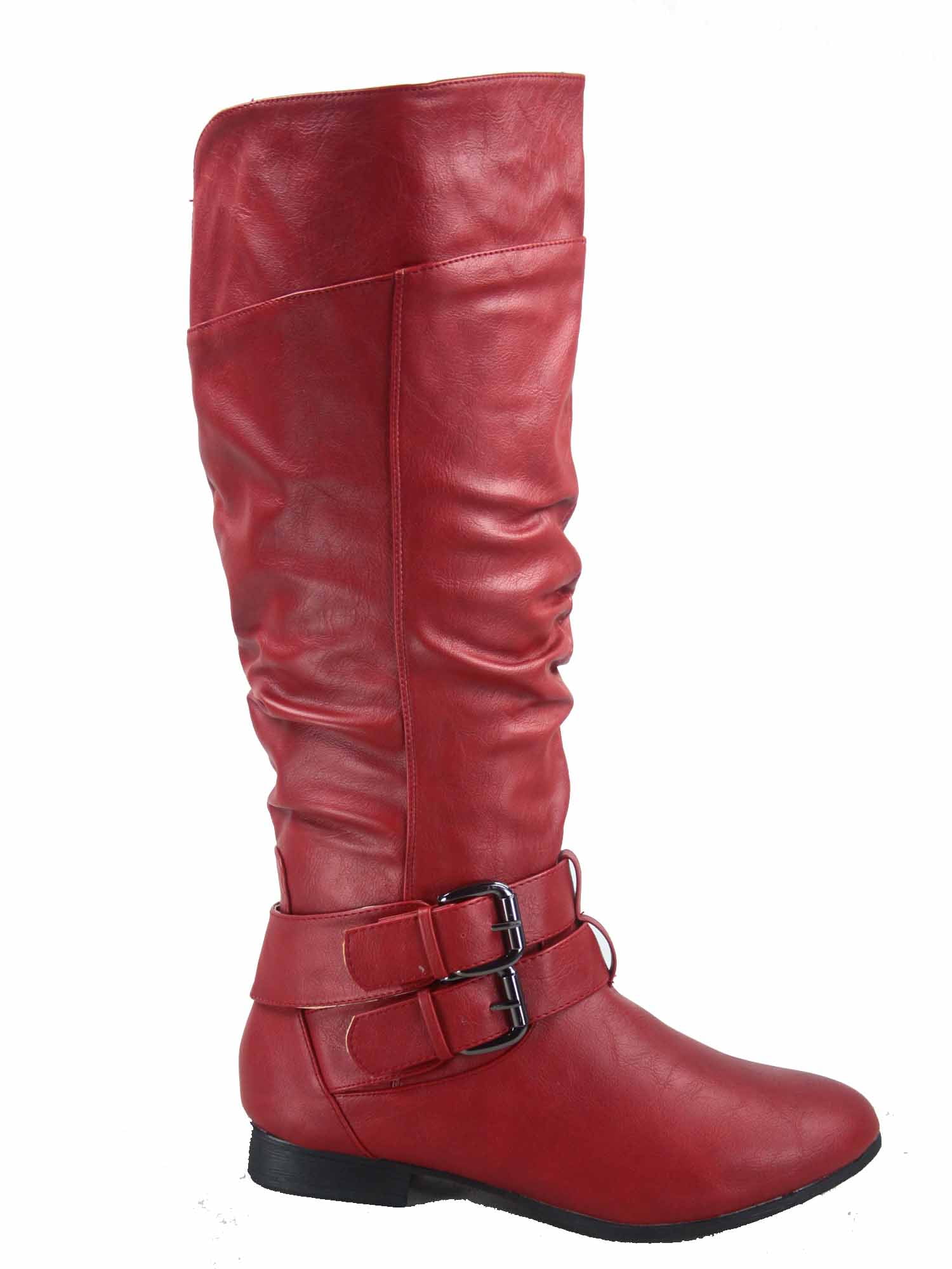 Womens Stylish Cool Studded Round Toe Buckle Strap Side Zipper Dress Low Heels Knee High Tall Boots Shoes 