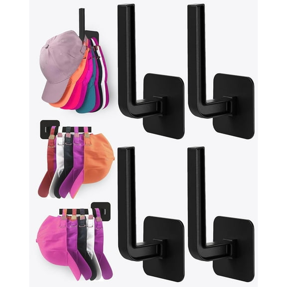 NAMZI Hat Rack for Hat Storage (4-Pack), Multi-Purpose Hat Organizer, Strong Adhesive Hat Hooks for Wall Hat Organizer for Baseball Caps, Black