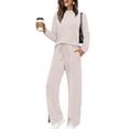 thumbnail image 3 of AHTJRT Women's Tracksuits Striped Crewneck Long Sleeve Tops Drawstrings Side Slit Pants 2 Pieces Athletic Sets Casual Fall Spring Sweatsuits Beige M, 3 of 7