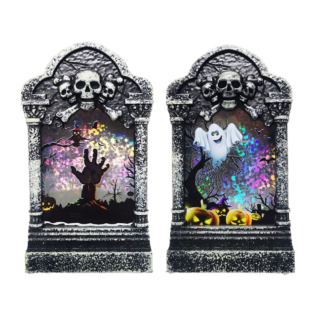 2 luces de lápida, lápidas LED de Halloween, lámpara de cementerio de calavera, decoración fantasma para Halloween