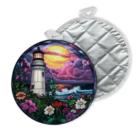 

2 PCS Pot Holders for Kitchen Potholders Sets with Hook for Oven Cooking Baking Stained Glass Lighthouse With Flowers