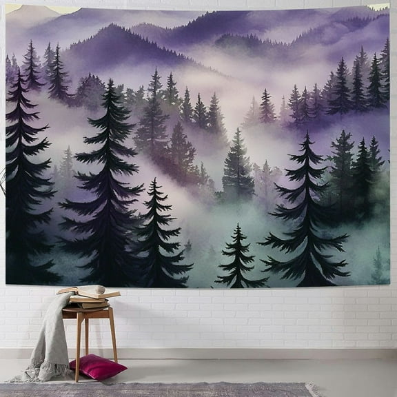 Creowell  Misty Forest Tapestry, Nature Mountain Tapestry Wall Hanging Watercolor Landscape Wall Tapestries for Bedroom Aesthetic Men Living Room Purple Wall Art Home Decor Gift 40x30inch