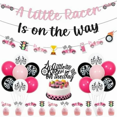 WEEKS Pink Race Car Baby Shower Decorations A Little Racer is on the Way Banner Cake Topper Racing Car Traffic Light Checkered Flag Cupcake Toppers with Latex Balloons for Girls Baby Shower Supplies