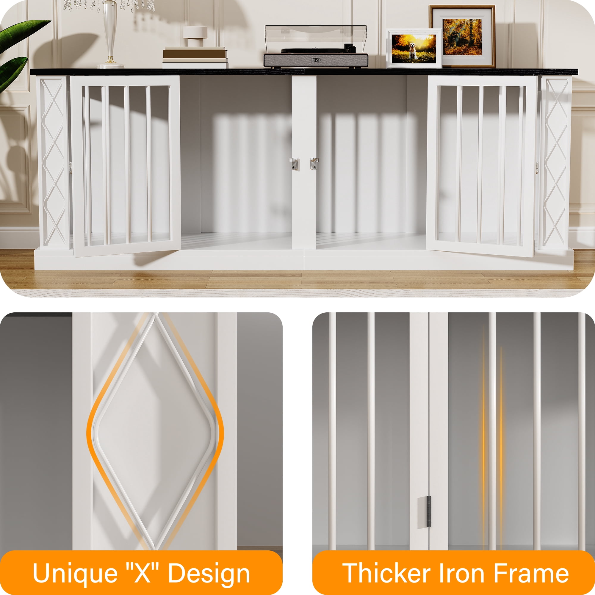 ModFurne 86.6" Dog Crate Furniture for Double Dogs, Heavy Duty Dog Cage Indoor for Small/Medium/Large Dogs, Dog Kennel Furniture White