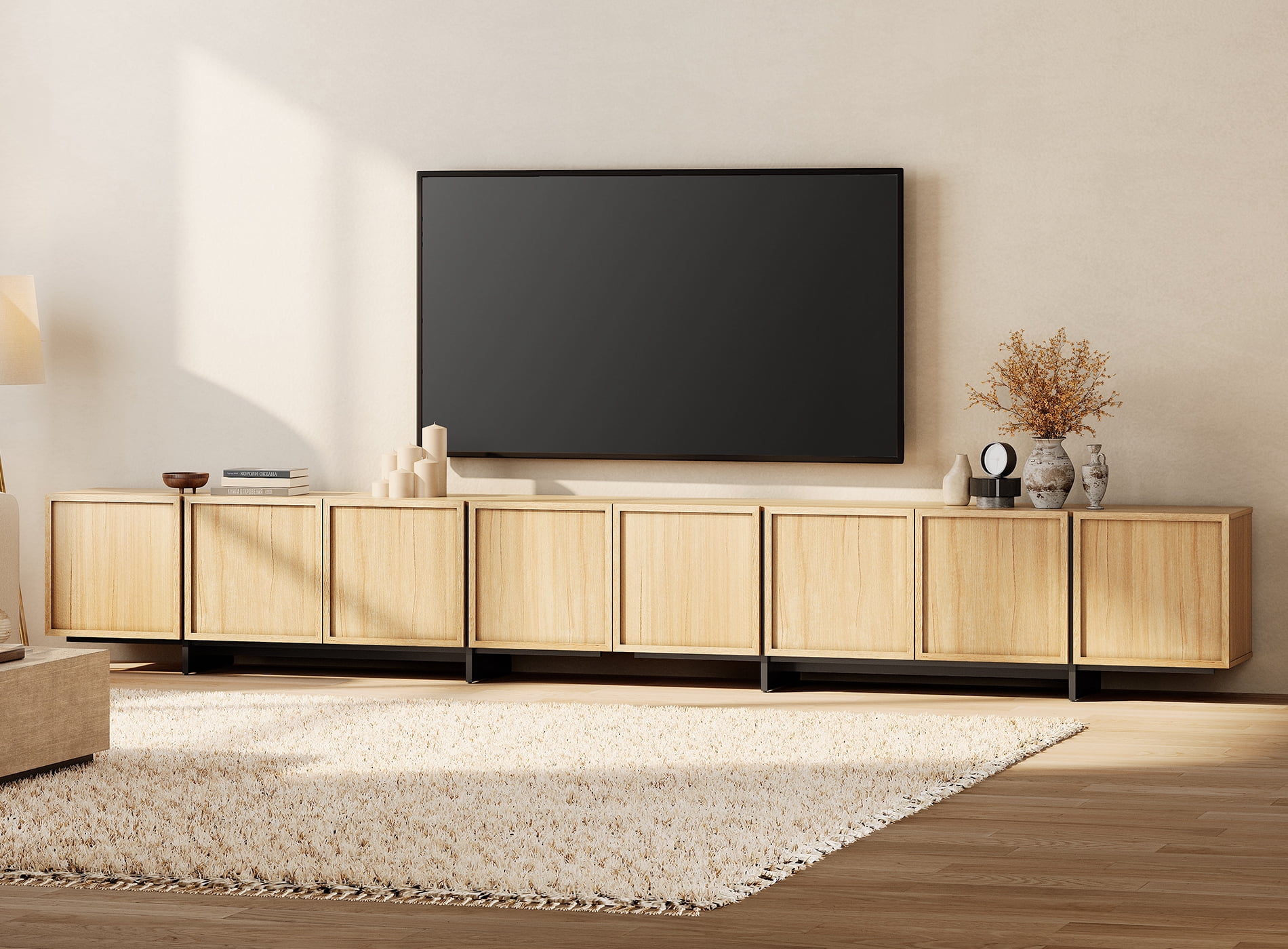 WAMPAT Modern TV Stand - Media Console Table for 32-110 inch TVs, Wood Entertainment Center with Storage Cabinets for Living Room，Oak