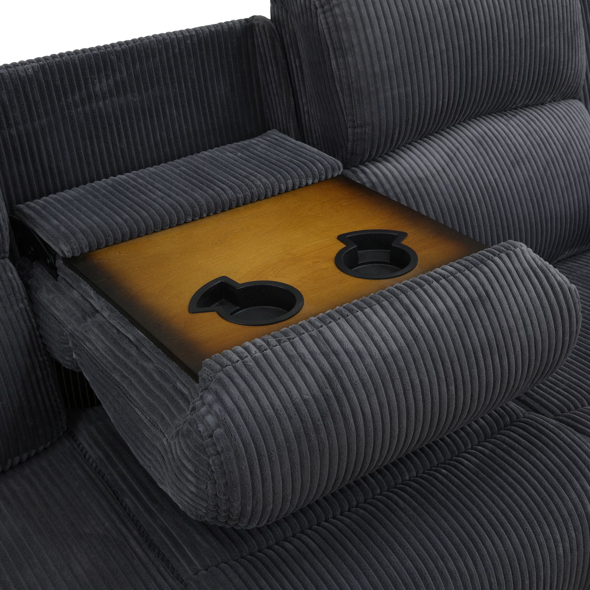 MAYEERTY Reclining Sofa, Manual 3-Seat Fabric Recliner with Reversible Coffee Table for Living Room, Dark Grey
