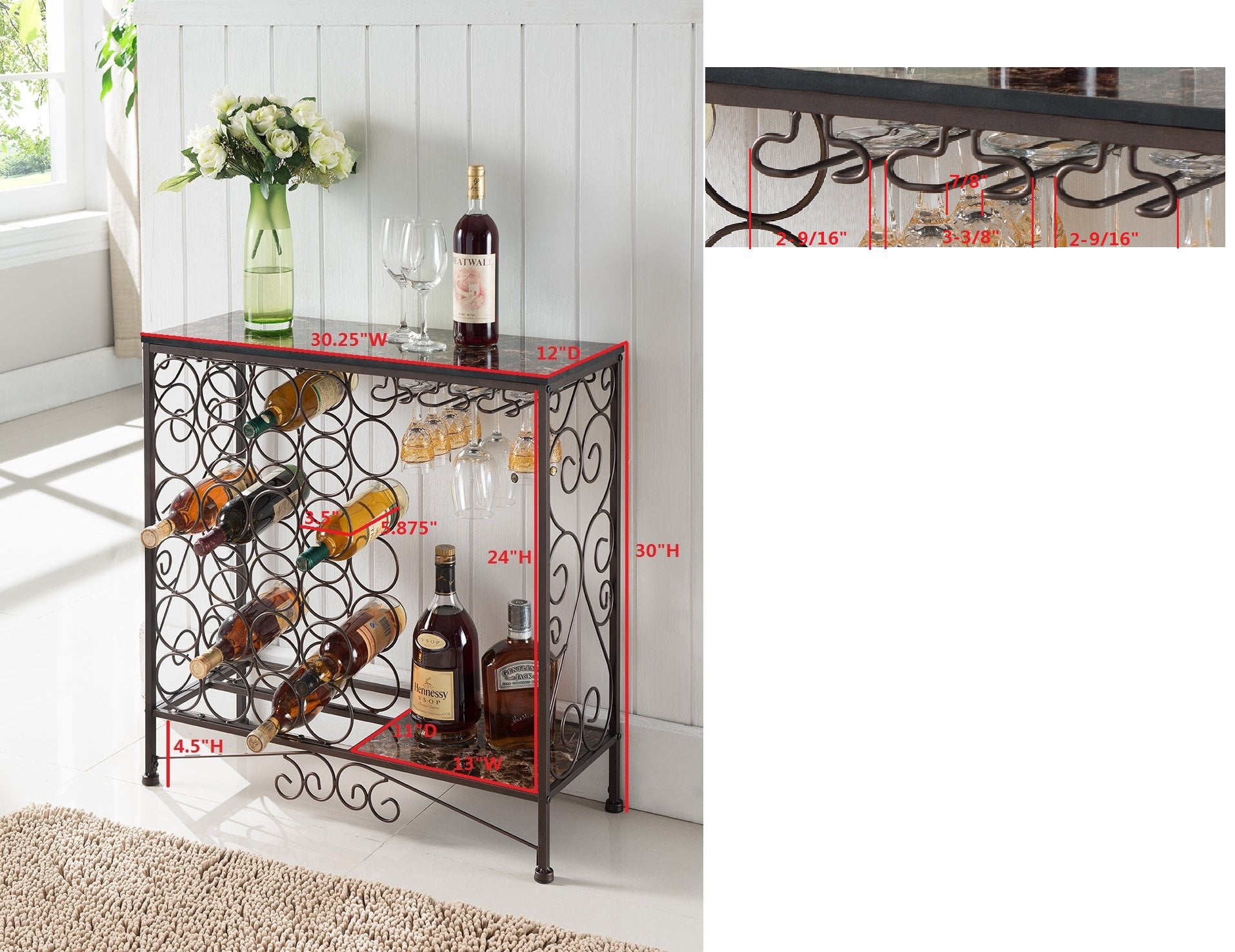 Kings Brand Furniture Faux Marble Wine Rack Console Table with Wine Bottle and Stemware Storage (Brown)