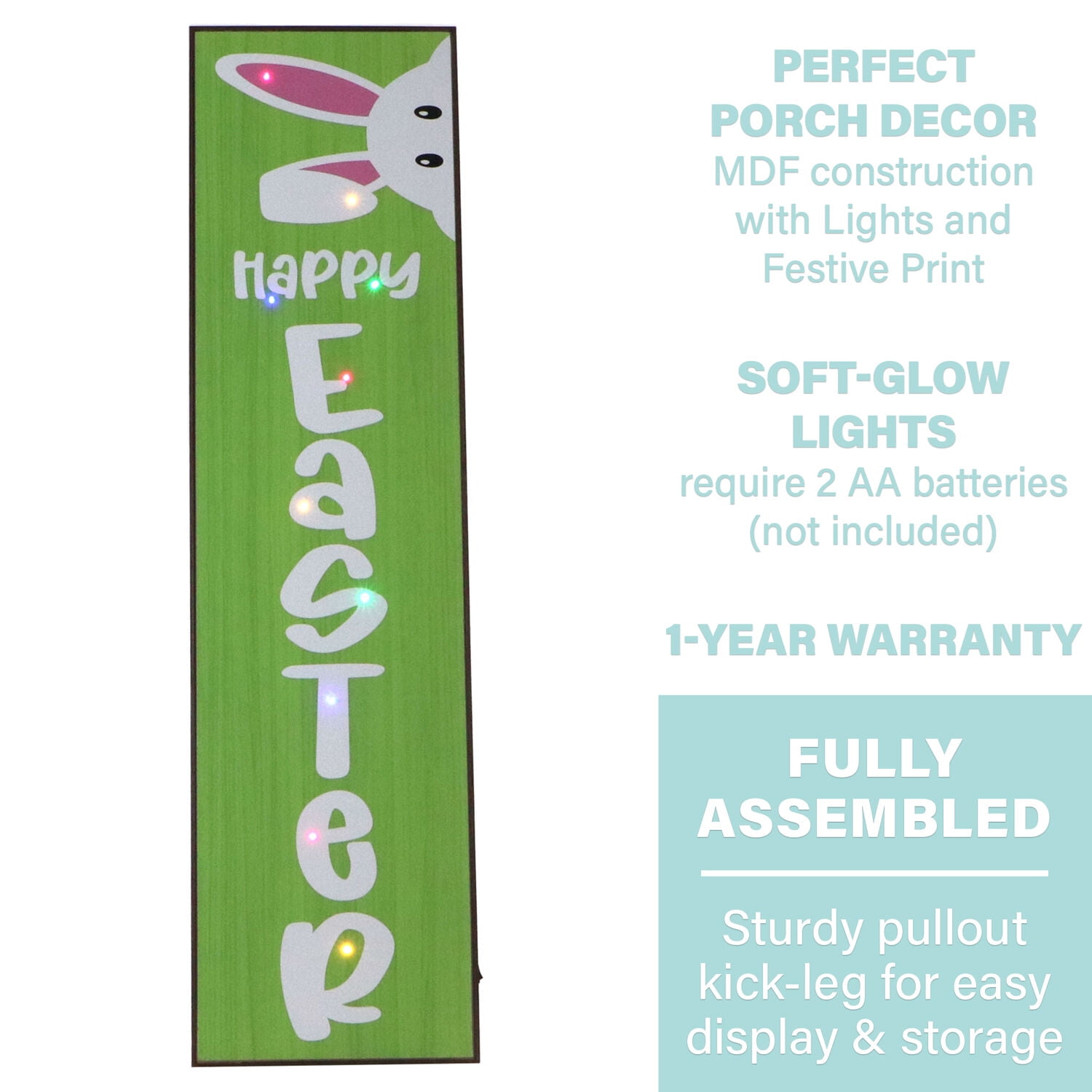 Fraser Hill Farm 45-in. HAPPY EASTER Porch Leaner Sign with Battery-Operated LED Lights, Festive Spring Decoration, Green