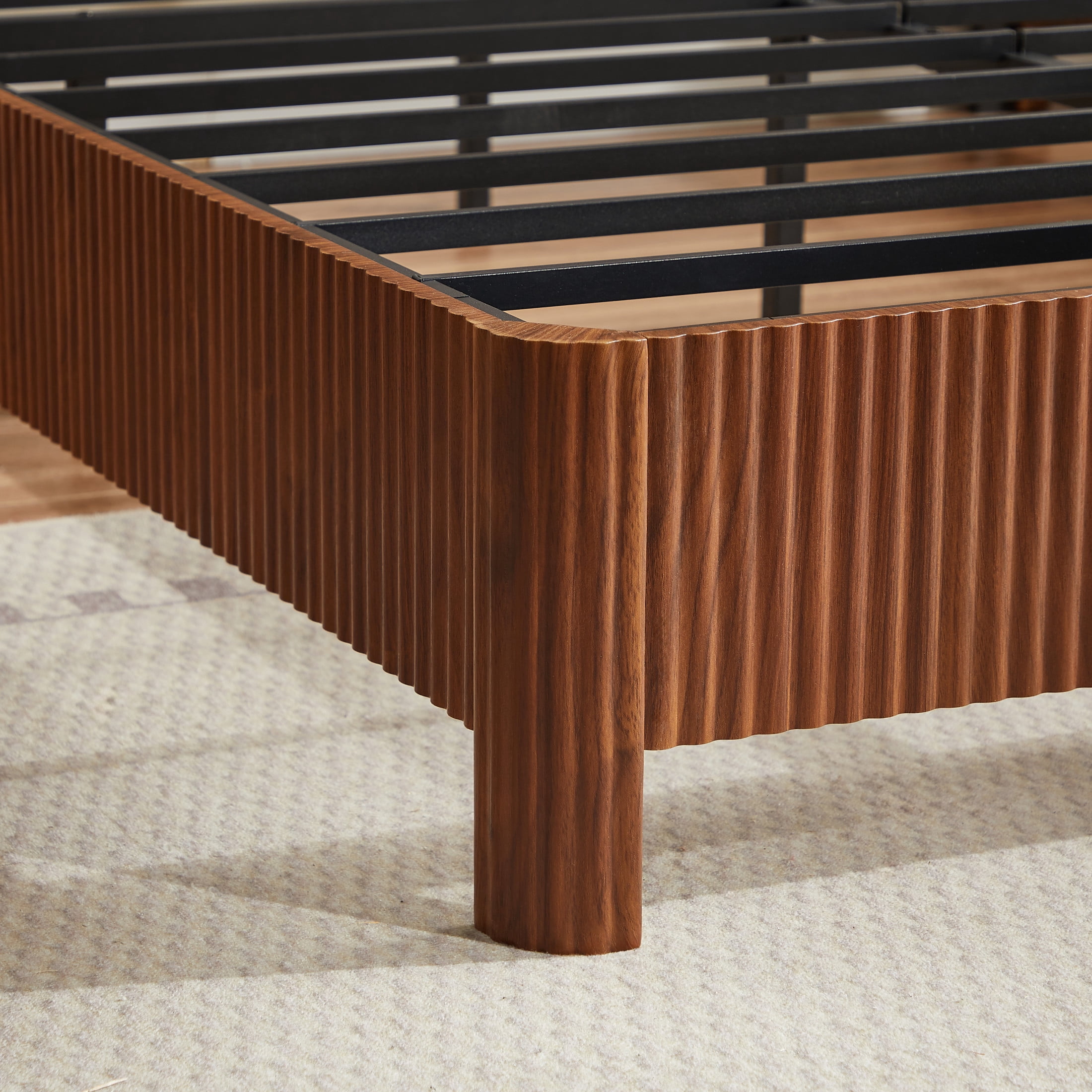 Noble House Solley Full Platform Bed, Rustic Curved Wooden with Corrugated Accents, Heavy-Duty Frame, Walnut