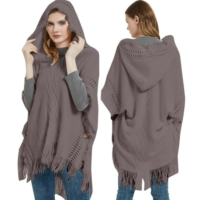 TINZ Mode pour Femmes à Franges Printemps et Automne Hiver Chandail à Manches Chauve-Souris Chandail Cape Rayée Chandail à Capuche Châle Haut Robe Châle pour Femmes Châle Enveloppe Cape d'Hiver avec Capuche Femmes