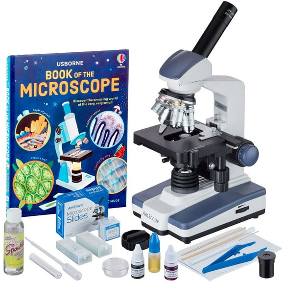 AmScope 40X-2500X LED Monocular Compound Microscope with Extensive Slide Preparation Kit and Book New