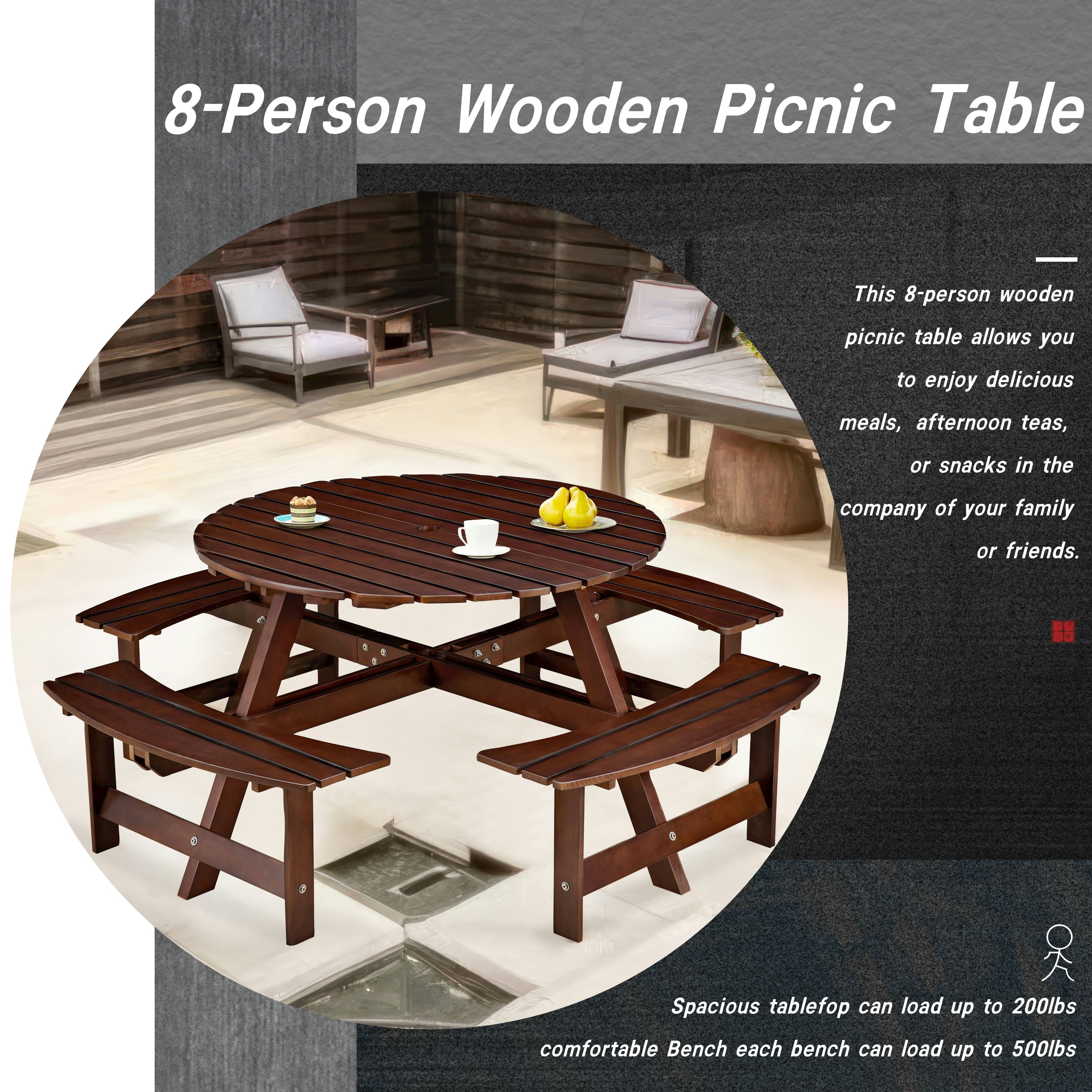Aukfa Wooden Picnic Table for 8,Outdoor Round Picnic Table w/ 3 Benches for Garden, Backyard,Brown