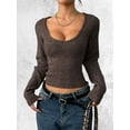 thumbnail image 5 of Women Deep V Neck Knitted Crop Sweater Top Casual Solid Slim Fit Long Sleeve Ribbed Pullover Jumper Tops Brown XS, 5 of 9
