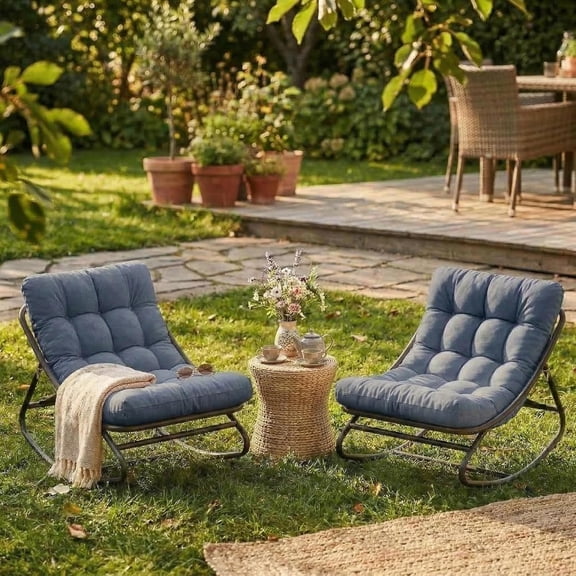 IdealHouse 2 PCS Indoor/Outdoor Rocking Papasan Chairs, Patio Rocking Chairs with Comfy Cushions, Sturdy Metal Frame, Outdoor Papasan Chair for Patio, Garden, Nursery, Living Room