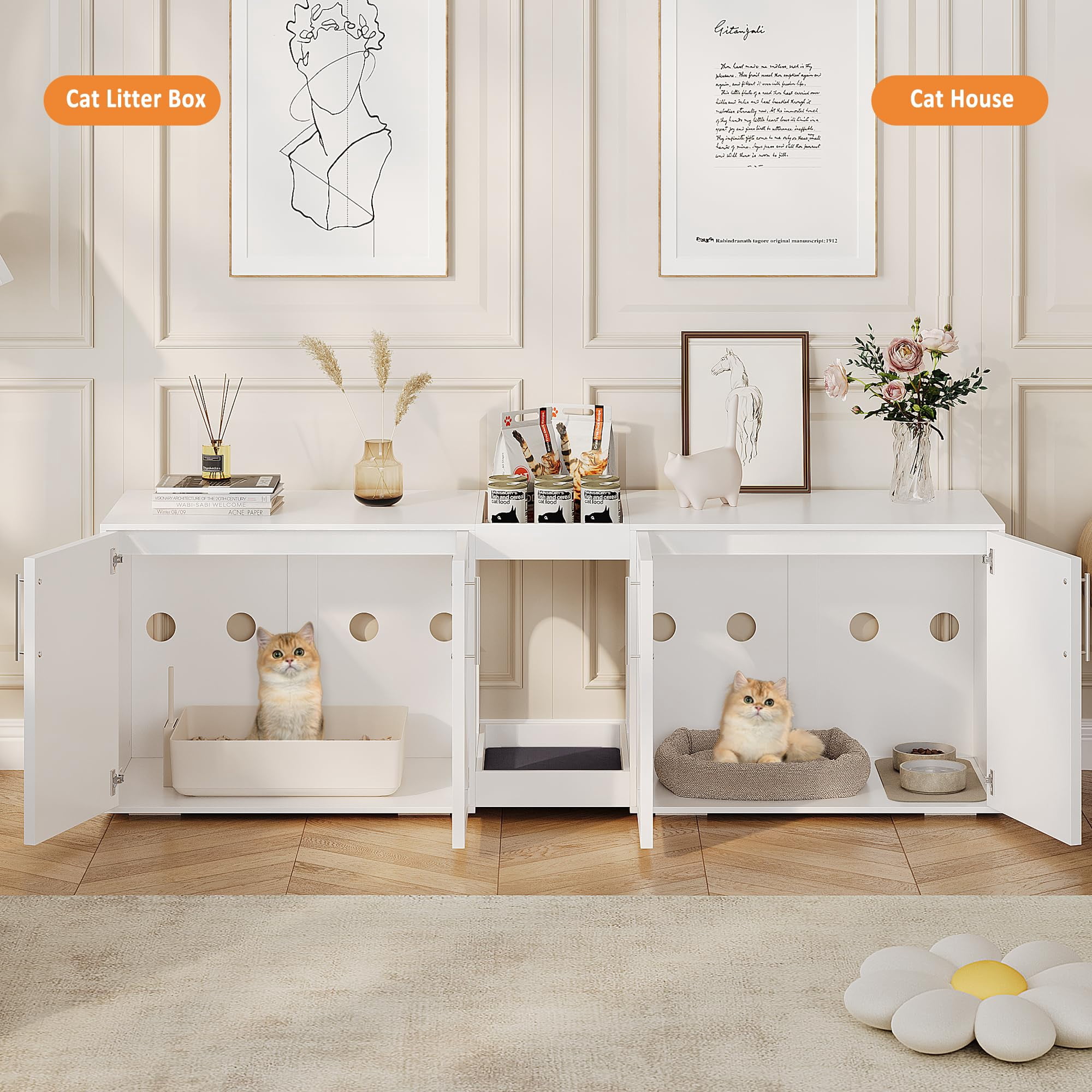 55" Large Cat Litter Box Enclosure for 2 Cats,Litter Box Enclosure with Double Cage,Hidden Cat Litter Box Furniture with Double Room and Cushion,Wooden Kitty Litter Box Cabinet Furniture,Cat House