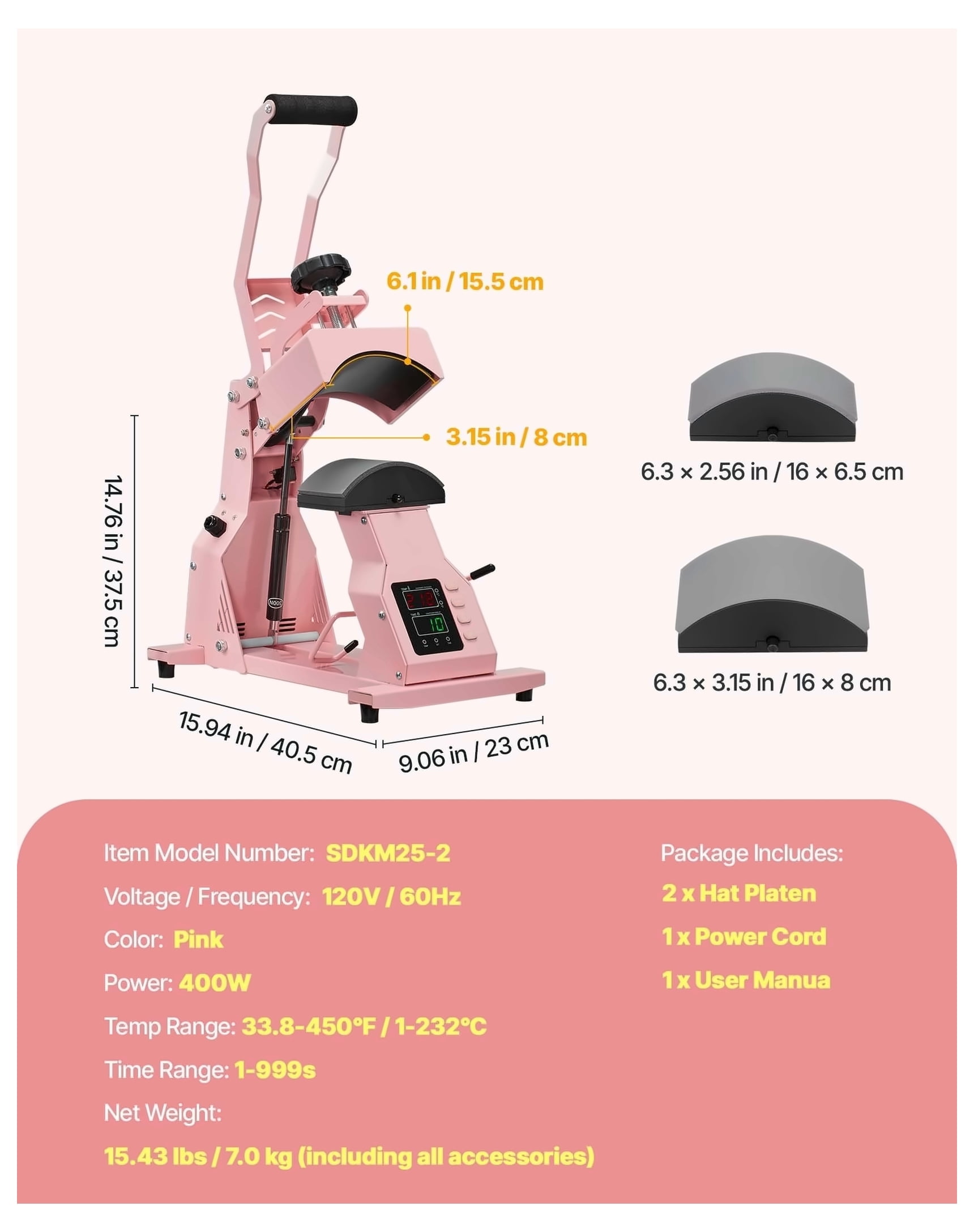 Hat Heat Press Machine for Caps, 2 Platens HTV Press, Pink