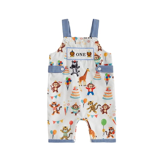 Cjfdfy Newborn Baby Boy Girls Birthday Overalls Animal Party Print One Birthday Embroidery Short Jumpsuit Cake Smash Outfit Infant Cute My First Birthday Fall Winter Outfit 6-18M