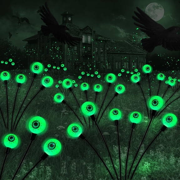 Lyacmy Solar Scary Eyeball Lights for Outdoor Halloween Decoration, 2 Pack 12 LED Green Halloween Lights, Waterproof Solar Garden Firefly Lights for Path