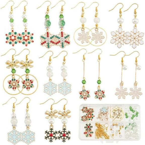 1 Box DIY 10 Pairs Christmas Charms Rhinestone Snowflake Charms Earrings Making Kit Enamel Snow Charm Bowknot Connector Charms Bar Links Glass Beads Earring Hooks for Jewelry Making Kits